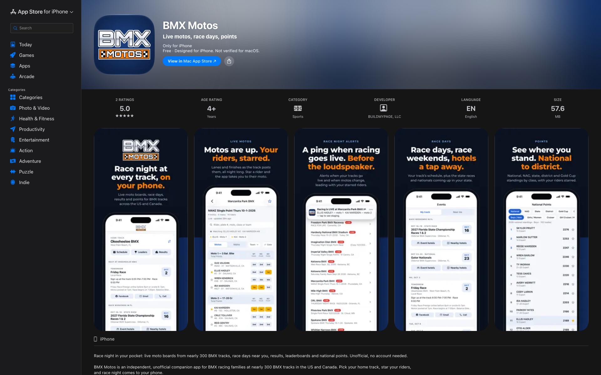 BMX Motos app listing on the App Store