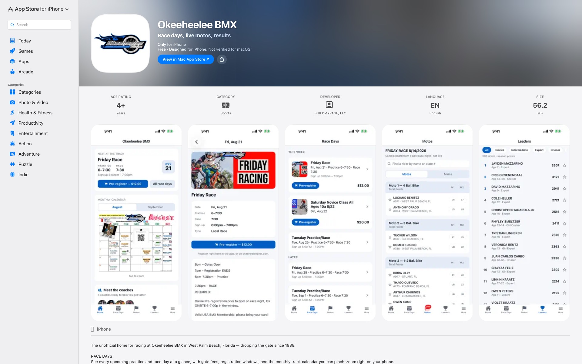 Okeeheelee BMX app listing on the App Store